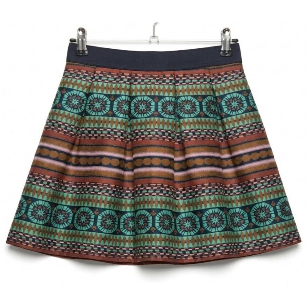 Nomad womens small mini skirt full flare blue Earthtone brown Batik
